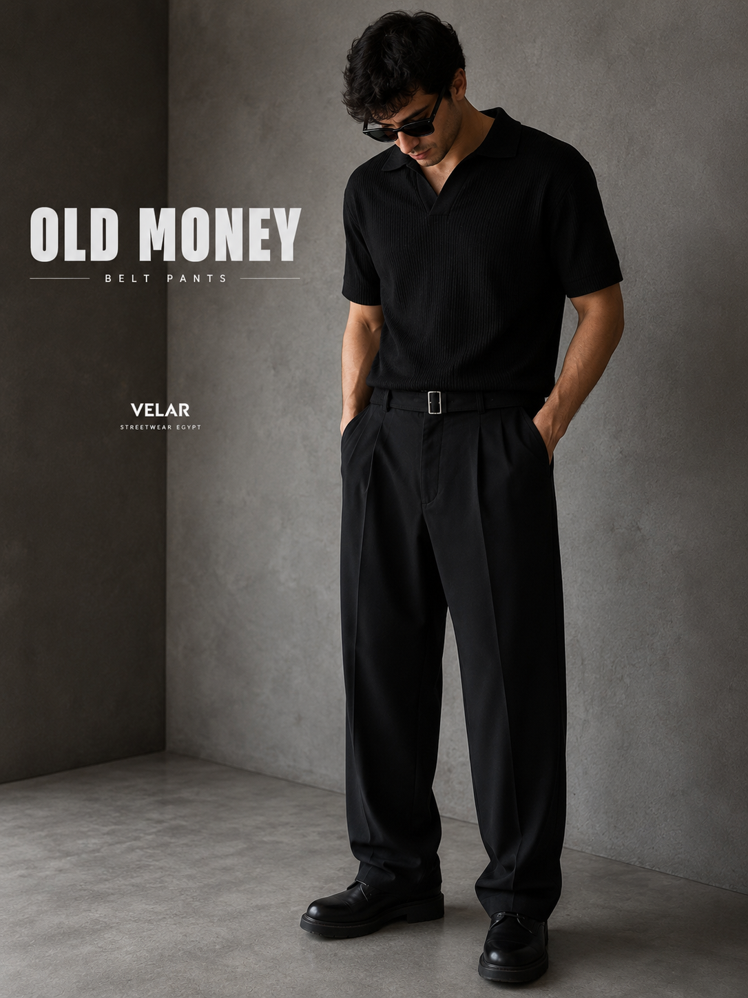 Old Money Wide Leg Belt Pants - Black